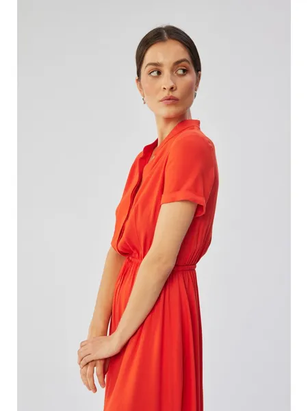 S366 Dress with a stand-up collar and tie at the waist - coral