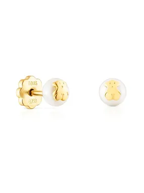 Tiny gold earrings with real pearl and teddy bear 111003220