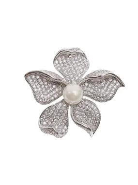 Elegant Brooch with Artificial Pearl and Crystals Silver