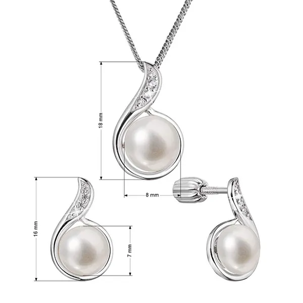 Silver jewelry set with zircons and real pearls 29050.1B (earrings, chain, pendant)