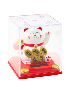 Chinese cat of happiness in display case solar figurine white decoration