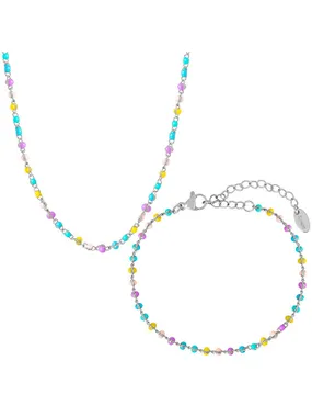Playful steel jewelry set with beads (necklace, bracelet)