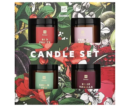 Set of soy candles Green Tea 100ml + Peony Papaya 100ml + Rose Vanilla 100ml + Red Fruit 100ml