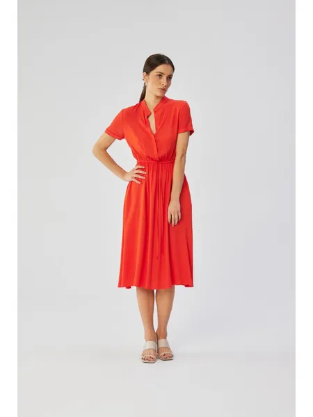 S366 Dress with a stand-up collar and tie at the waist - coral