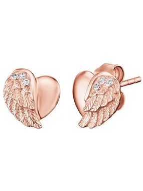 Pink Gilded Silver Earrings Heart with Angel Wing and Zircons ERE-LILHW-STR