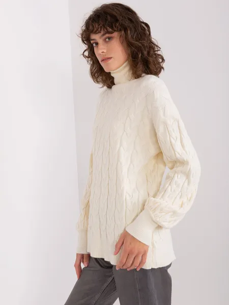 Ecru women's turtleneck sweater with cables.