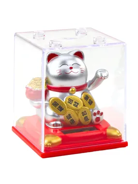 Chinese cat of happiness in display case solar figurine silver decoration