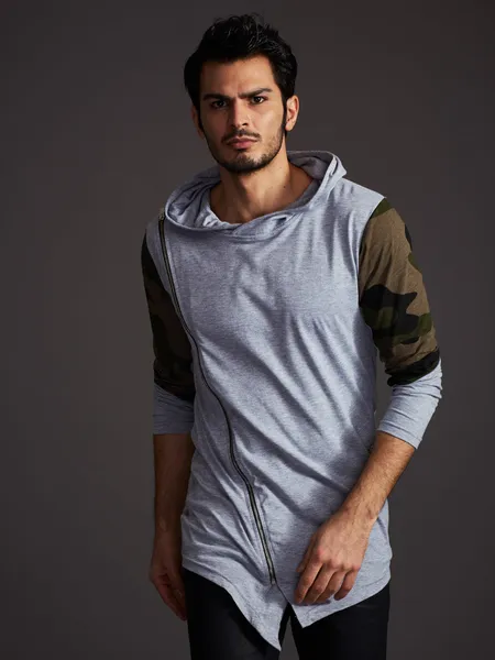 Men's sweatshirt with hood and camo gray modules