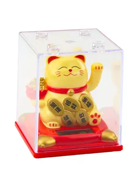 Chinese cat of happiness in display case solar figurine beige decoration