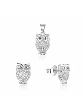 Playful Silver Owl Jewelry Set S0000261 (pendant, earrings)