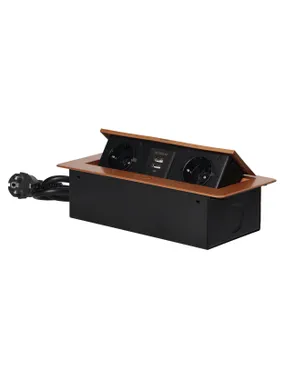 Furniture sockets recessed into the table top with a flat milled edge, USB charger and 1.5 m cable, 2x2P+Z (Schuko), 2xUSB, gold