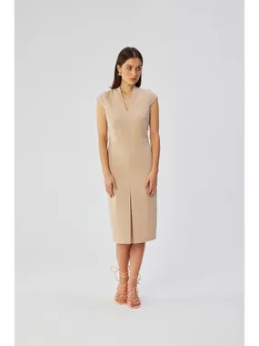 S359 Pencil dress with a double neckline - beige