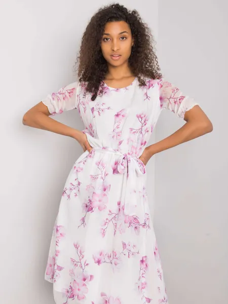White dress with floral patterns.