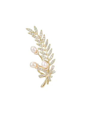 Delicate Twig Brooch with Pearls and Crystals Gold