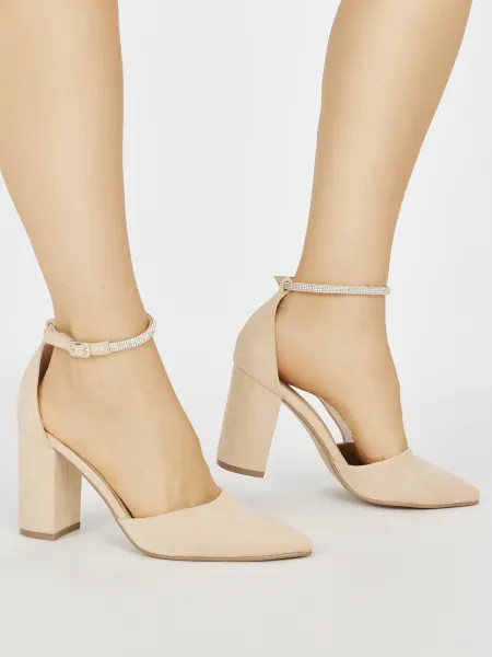 Suede beige pumps with a block heel