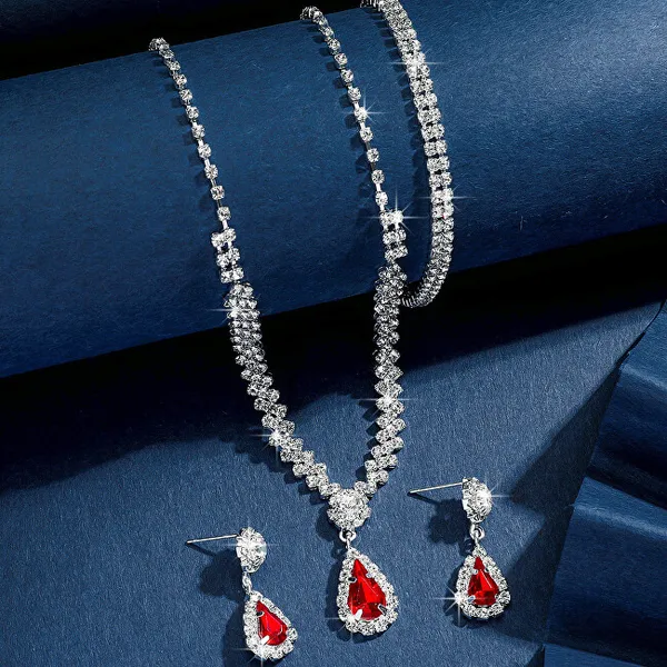 Women's Jewelry Set With Red Zircons Drop (Neckleca, Bracelet, Earrings)