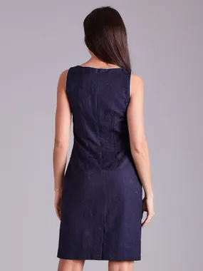 Navy blue dress with floral patterns.