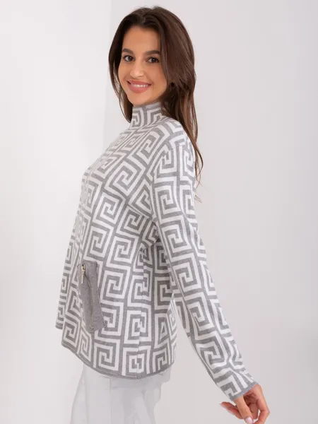 Gray and white women's turtleneck sweater with patterns.