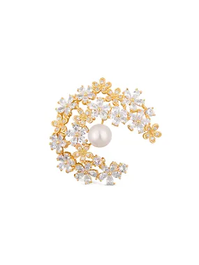 Glittering gilded brooch 2in1 with real pearl and crystals JL0730