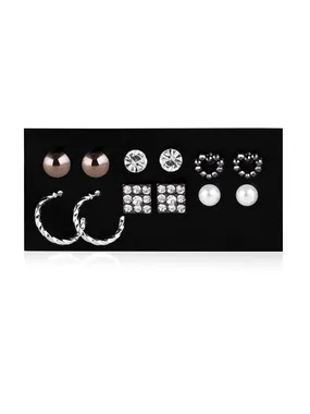 Set of stone earrings with zircons and circles Silver (6 pairs)