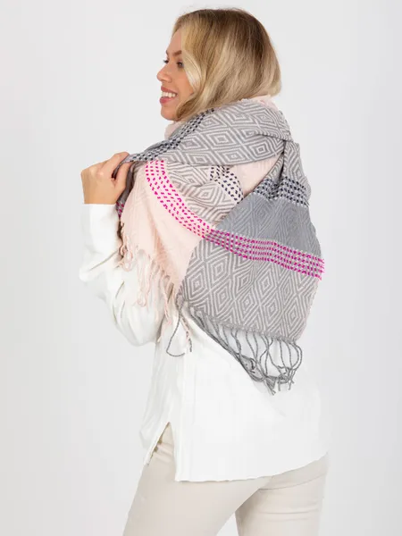 Light pink and grey women's winter scarf with fringe.