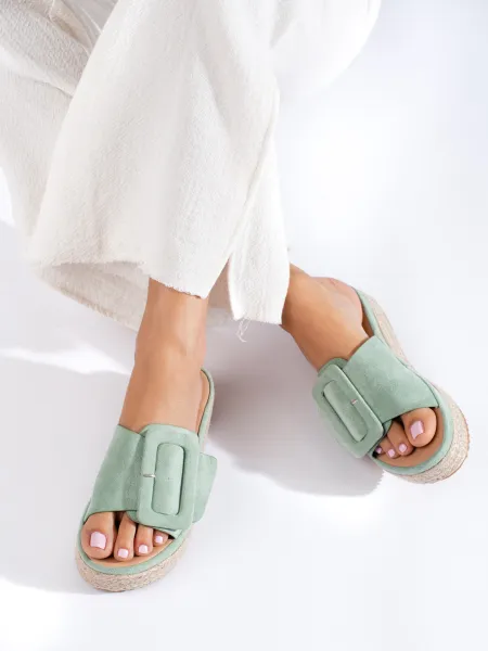 Mint suede espadrille slides on the Shelovet platform