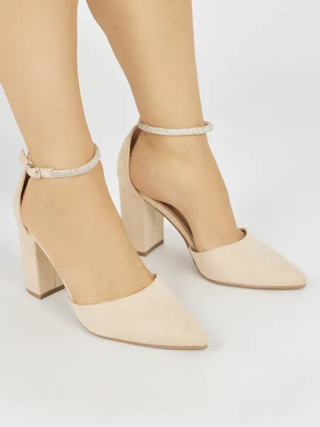 Suede beige pumps with a block heel