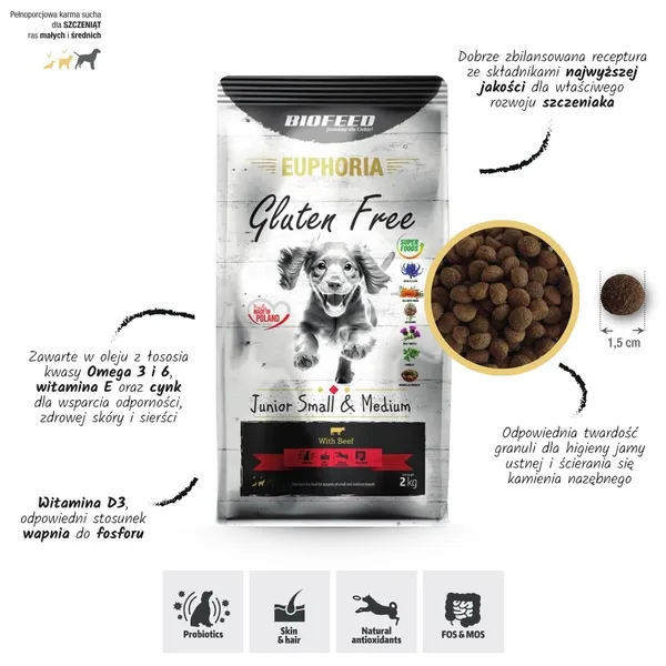 BIOFEED Euphoria Gluten Free Junior mazs un vidējs Liellopu gaļa - sausā suņu barība - 12kg