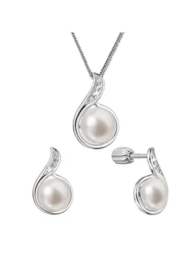 Silver jewelry set with zircons and real pearls 29050.1B (earrings, chain, pendant)