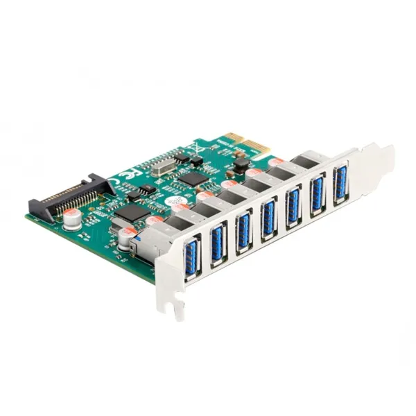 PCI Express x1 card to 7 x external USB 5 Gbps Type-A socket, USB controller