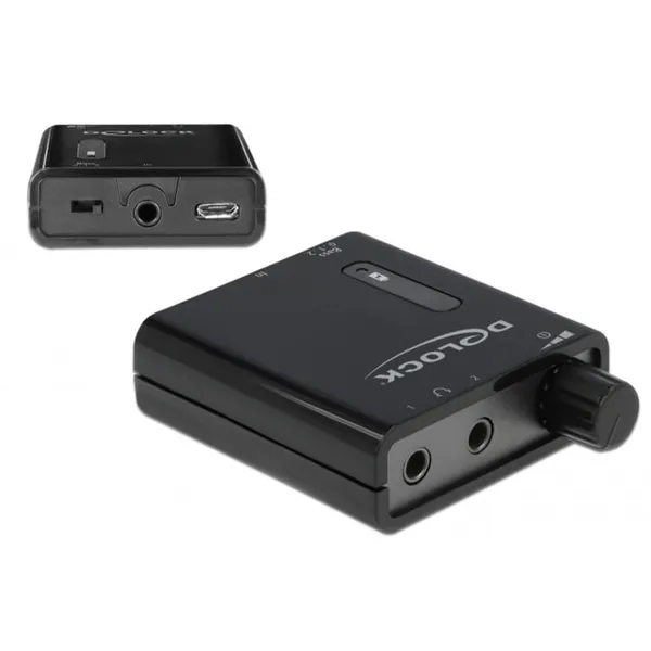 Portable stereo headphone amplifier with two outputs and bass boost