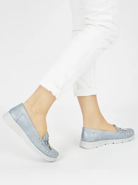 Blue comfortable moccasins made of eco-leather