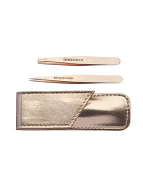 A set of tweezers in a Rose Gold case