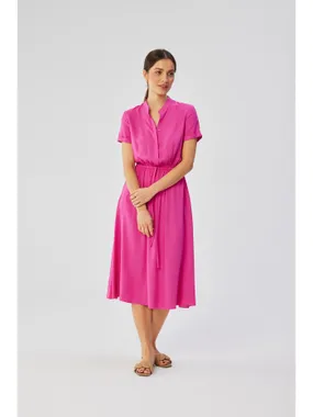 S366 Dress with a stand-up collar and tie at the waist - lilac