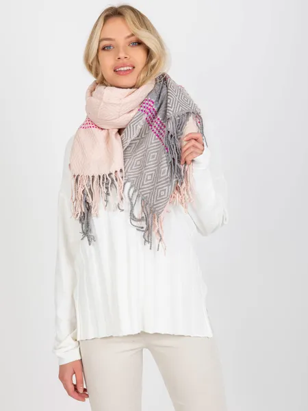 Light pink and grey women's winter scarf with fringe.