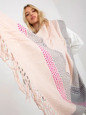 Light pink and grey women's winter scarf with fringe.