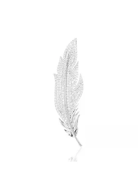 Feather Brooch with Clear Crystals Silver