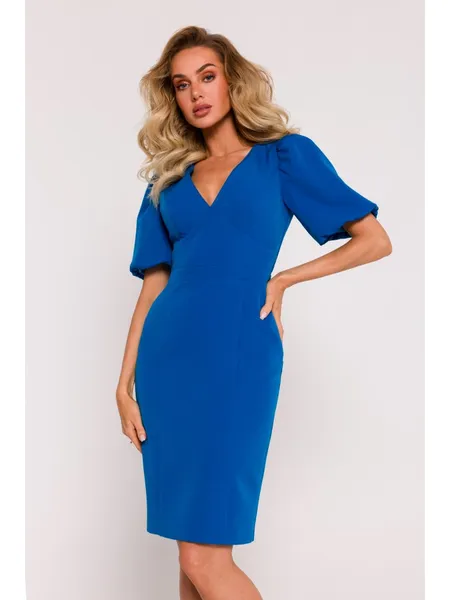 M779 Dress with a neckline and a strongly marked waist - blue