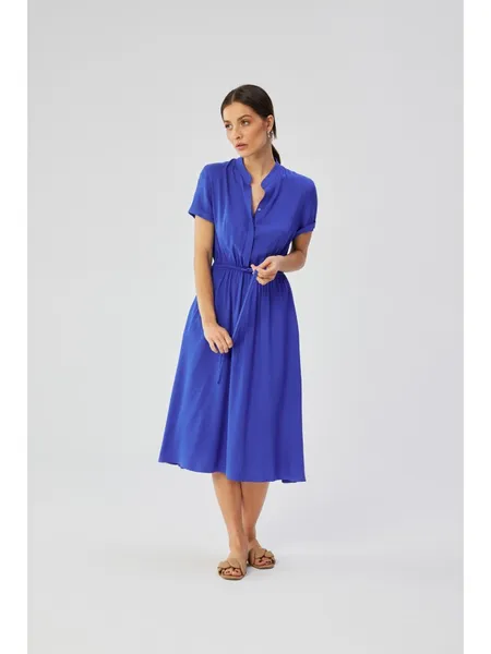 S366 Dress with a stand-up collar and tie at the waist - blue