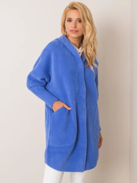 Blue alpaca coat with a hood.
