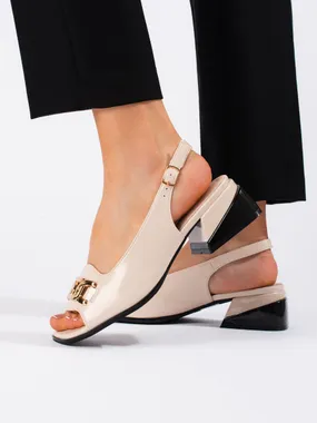 Beige patent leather low-heeled sandals
