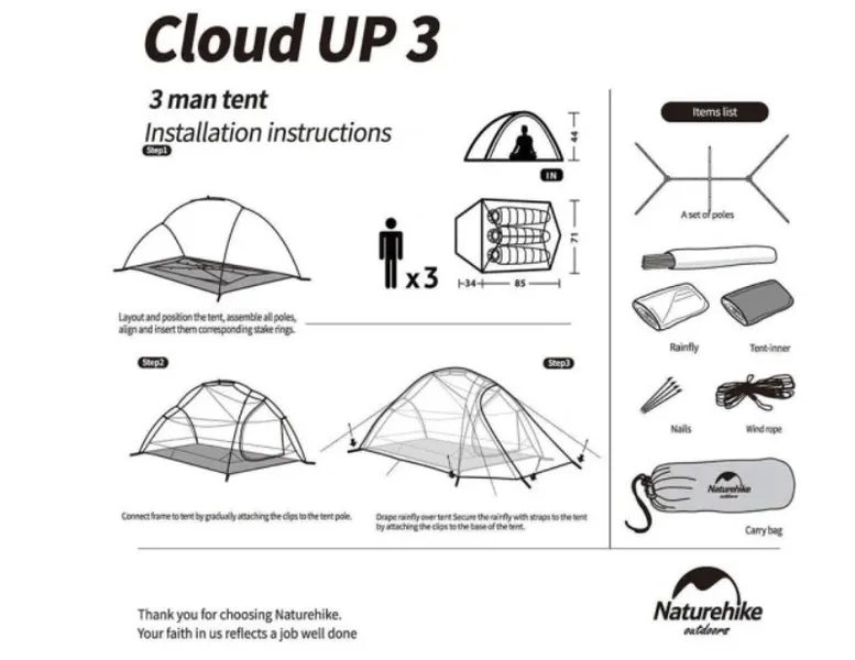 Dabas pārgājienu telts Cloud UP 3 20D ATJAUNINĀTS NH18T030-T-Forest green