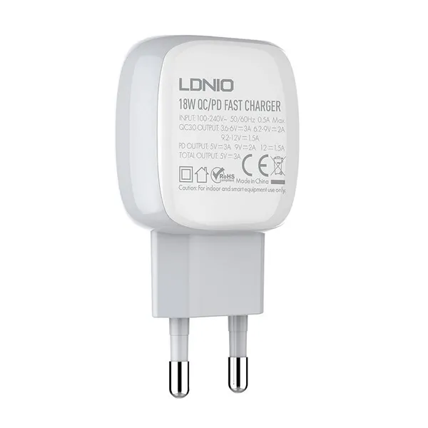 Wall charger LDNIO A2313C, USB + USB-C, PD + QC 3.0, 20W (white)