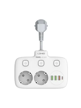 Power strip with 2 AC sockets, 3x USB, USB-C, LDNIO SE2435, 2500W (white)