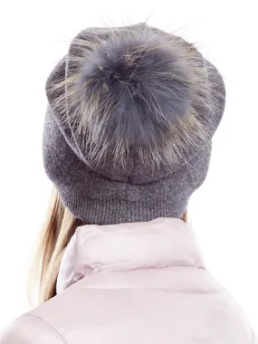 Gray women's hat with fur pompom