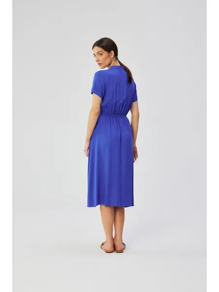 S366 Dress with a stand-up collar and tie at the waist - blue