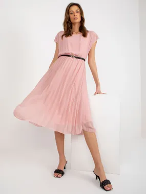 Light pink pleated dress with a black belt.