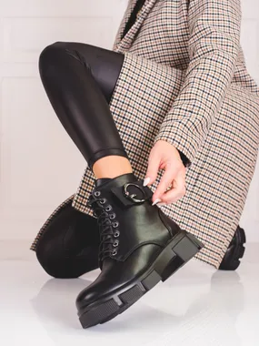 Shelovet women's black leather work boots