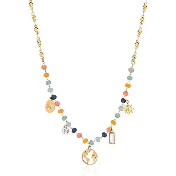 Decent Gold Plated Necklace with Chakra Beads and Charms BHKN083