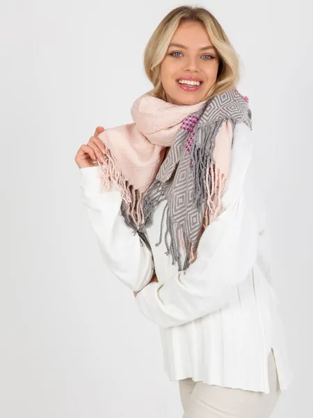 Light pink and grey women's winter scarf with fringe.